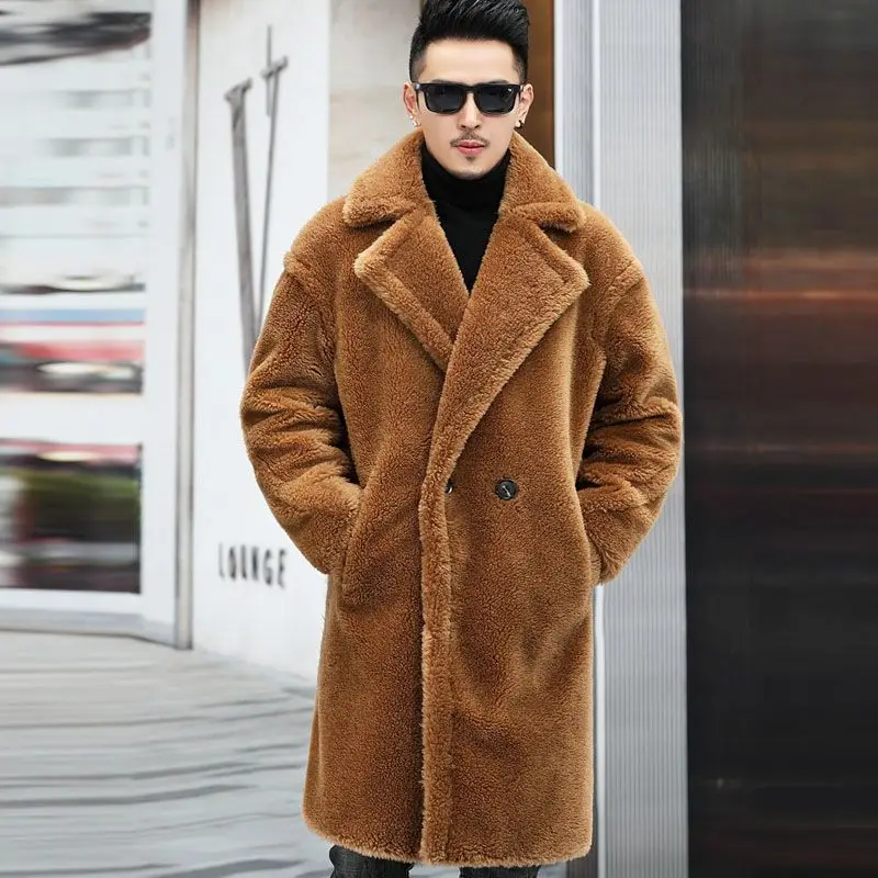 

Warm Winter Men Leather Jacket Wool Long Alpaca Coat Fur Windbreaker Faux Fur Coat Windproof Outerwear Casual Fashion