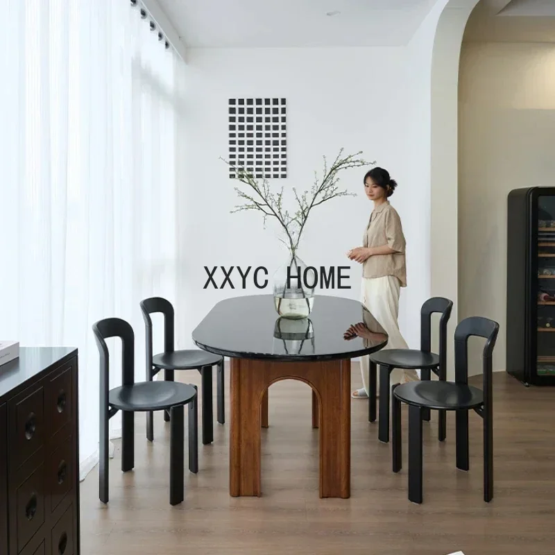 

Retro Silent Style Solid Wood Dining Table Oval Home Walnut Color Tempered Glass Rice Table