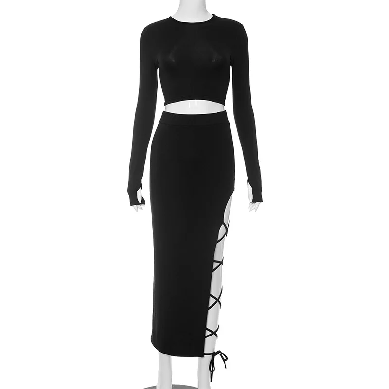 Solid Sexy Two Piece Set Long Sleeve Crop Top Irregular High Split Bandage Long Skirt Set Club Outfits Fall Casual Club Party