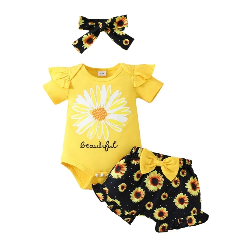 

Sunflower Outfit Baby Girl Romper Daisy Print Floral Bodysuit Short Sleeve Tops Ruffle Bloomer Shorts Headbands Set