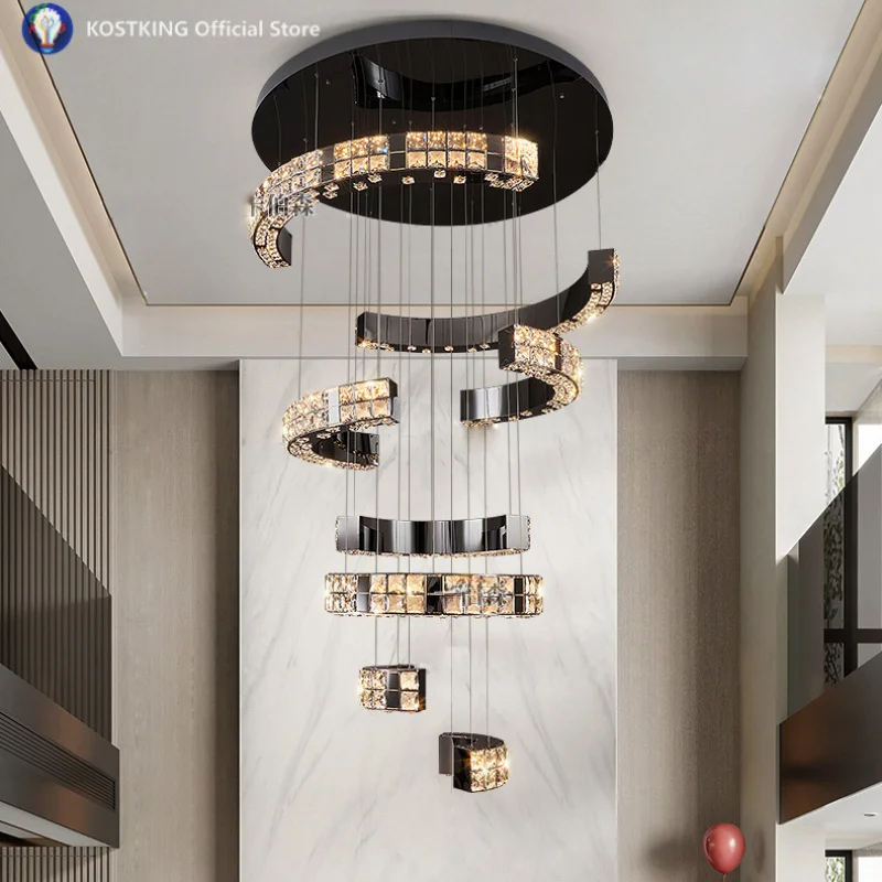 

Вилла с пустой гостиной, большая люстра, свет, роскошное дуплексное здание, нерегулярная люстра, спиральная лестница, светильник