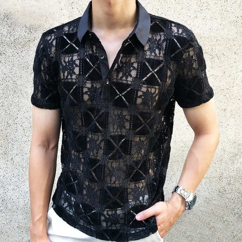 Abstract Geometric Pattern Transparent Shirt Short Sleeve See Through Button Up Shirt Summer Luxury Men Camicia Uomo Black Shirt