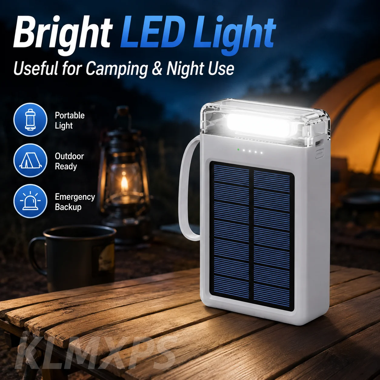 Portable Solar Power Bank 10000mAh Fast Charging with Built-in Cable LED Light Compact External Battery For iPhone