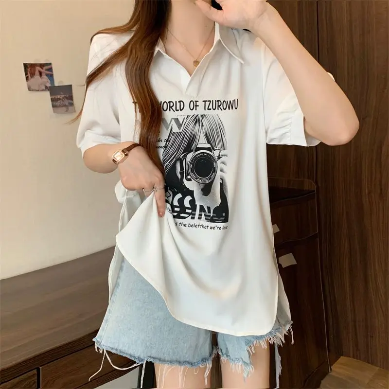 Fashion Lapel Printed Slit Asymmetrical T-Shirt Female Clothing 2024 Summer New Loose Casual Tops Korean Irregular Tee Shirt