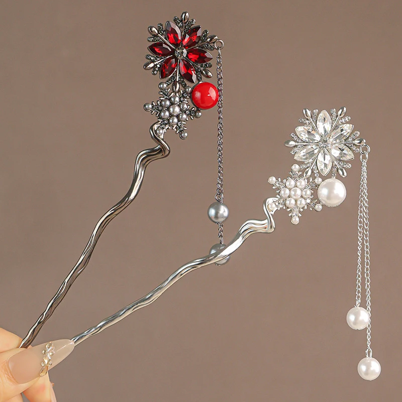 Elegant Fringed Snowflake Hairpin Simple and Modern U-shaped Hairpin High-end Hairstyle Hairpin Hanfu Head Accessory for Women