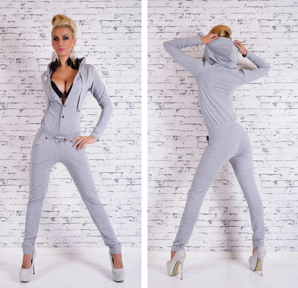 Sexy Hooded Solid Color Buttoned Long Sleeve Bodycon Jumpsuit For Women