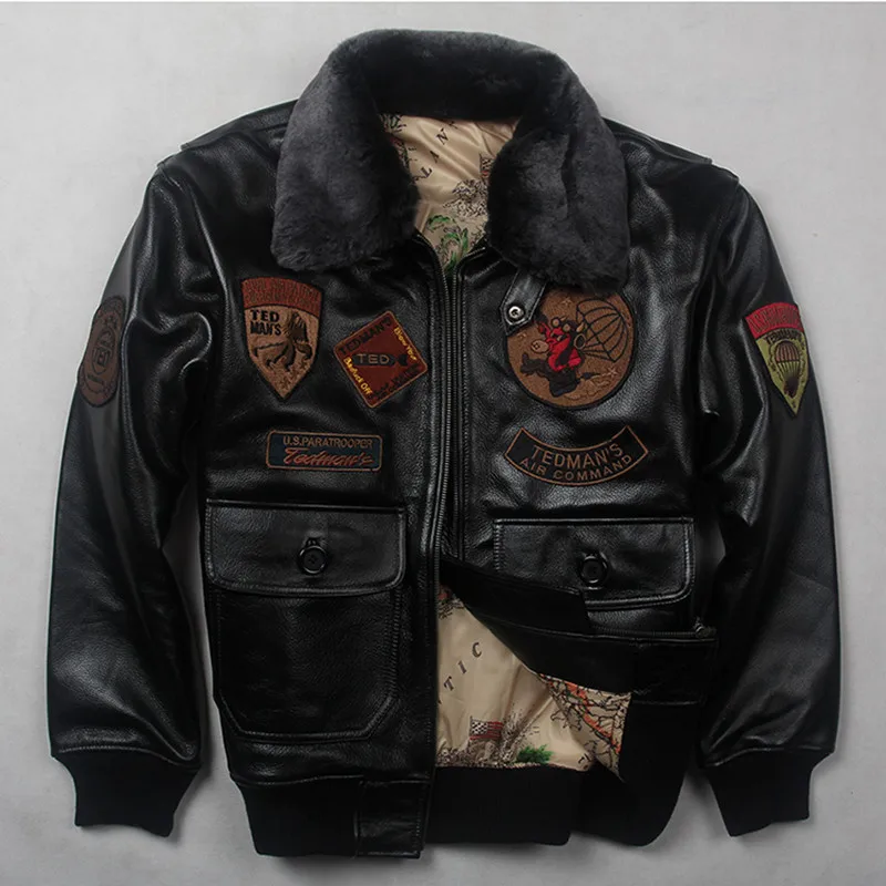 

Black Winter Leather Jacket Men Military Style Europe Size Genuine Natural Thick Cowhide G1 Flight Leather Coat