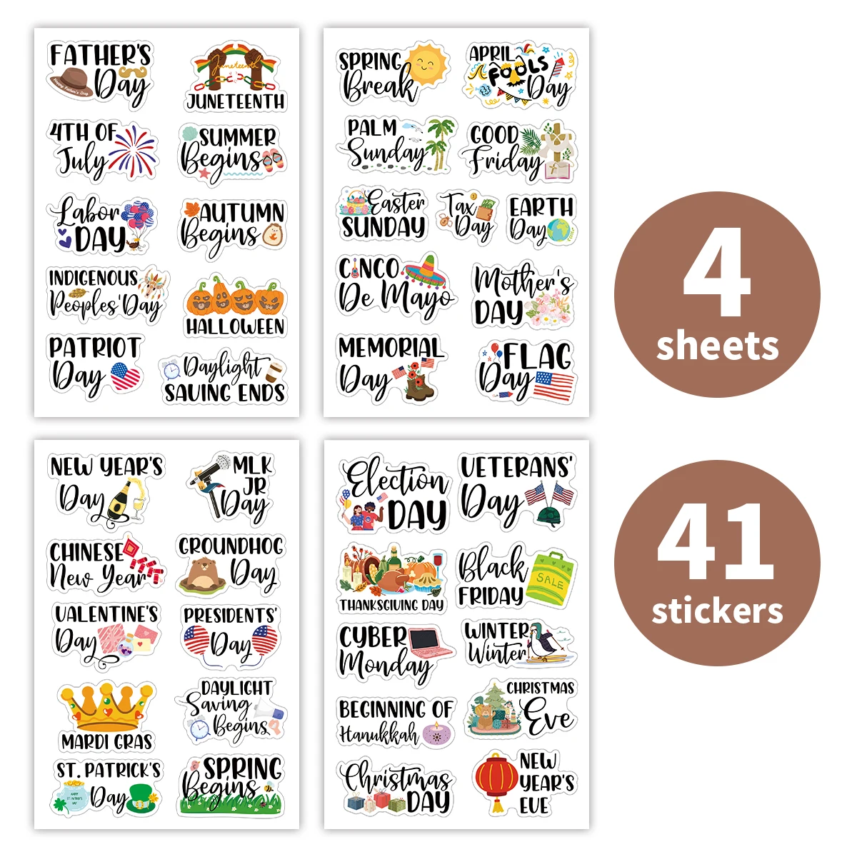 4 Sheets Festive Stickers,Featuring Father's Day,Spring,Christmas,Etc,For Diy Scrapbook Crafts,Gift Wrapping Labels,Party Decor
