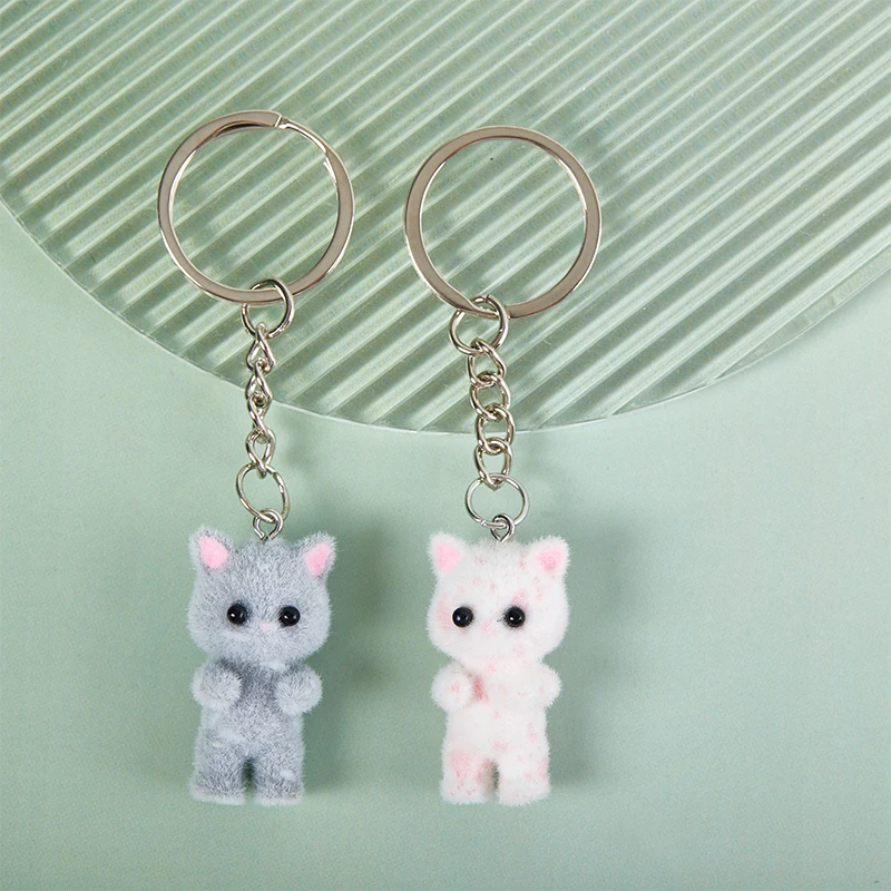 3D Cartoon Flocking Cat Keychain para homens e mulheres, chaveiro, lembrança de animais, presentes de jóias DIY, chaves do carro, 1pc