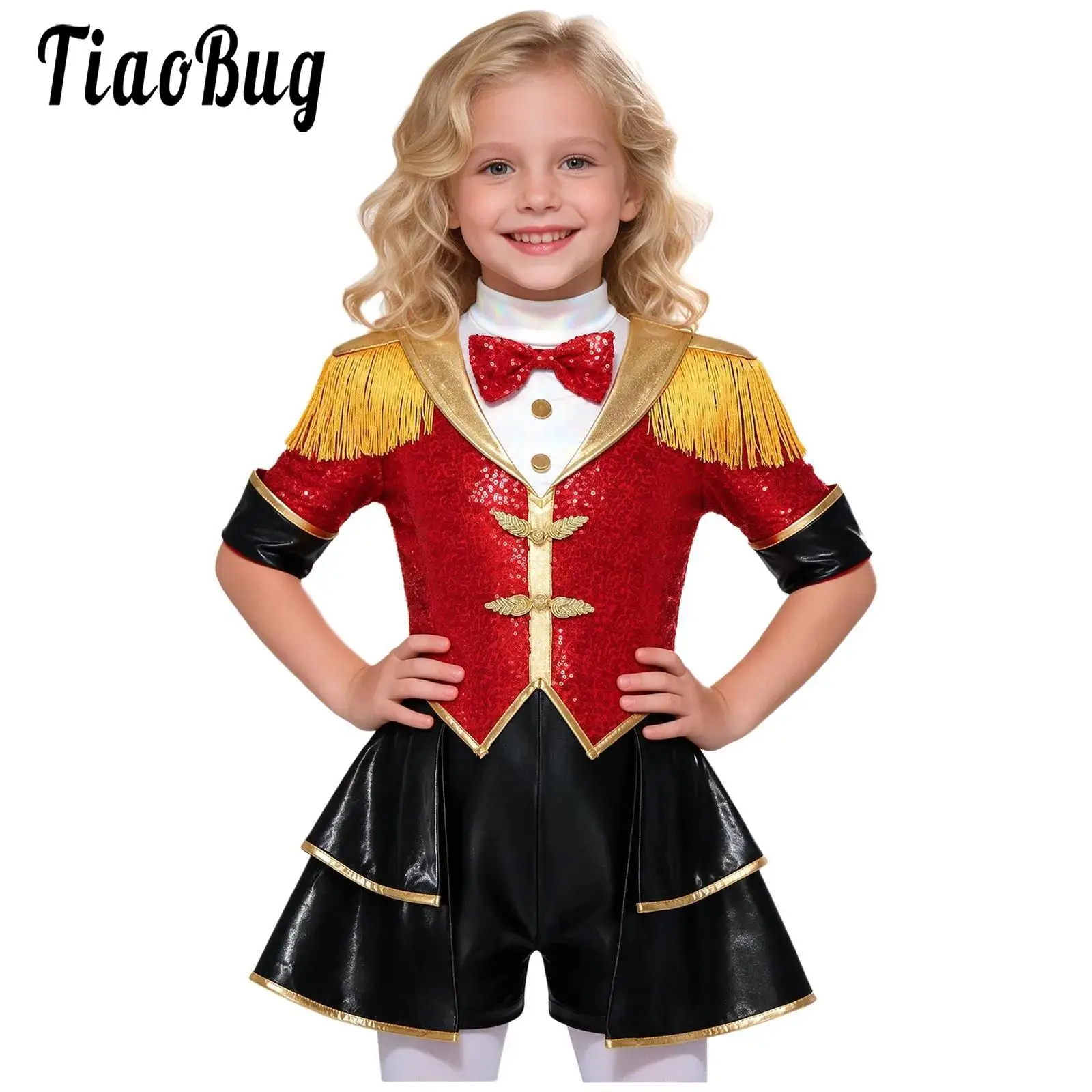 Kids Girls Circus Magician Halloween Ringmaster Lion Tamer Costume Drum Marching Band Sequin Skirted Jumpsuit for Carnival Party