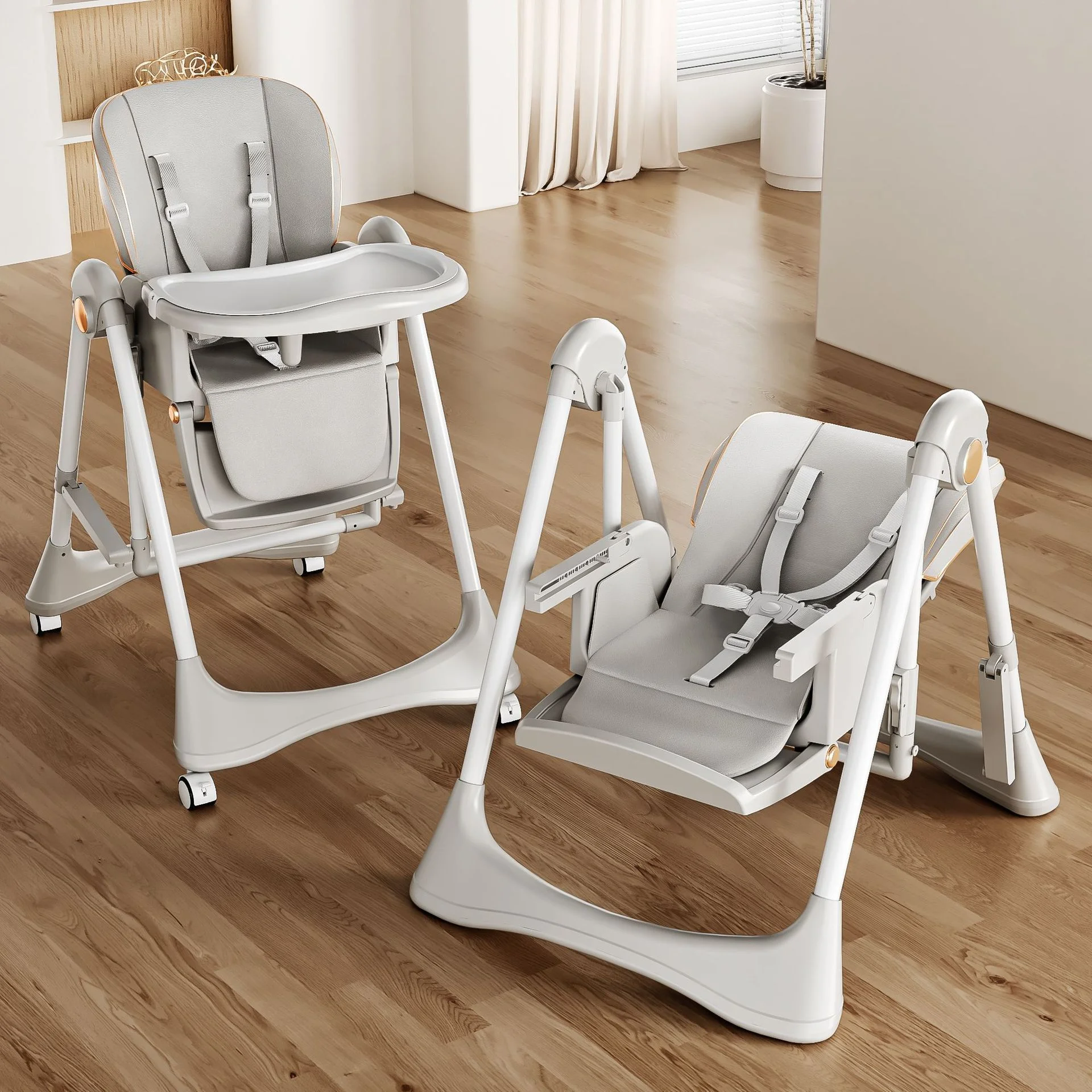 

Multifunctional Baby Swing High Chair Portable Foldable Rocker with Adjustable Height, Double Layer Tray & Universal Wheels