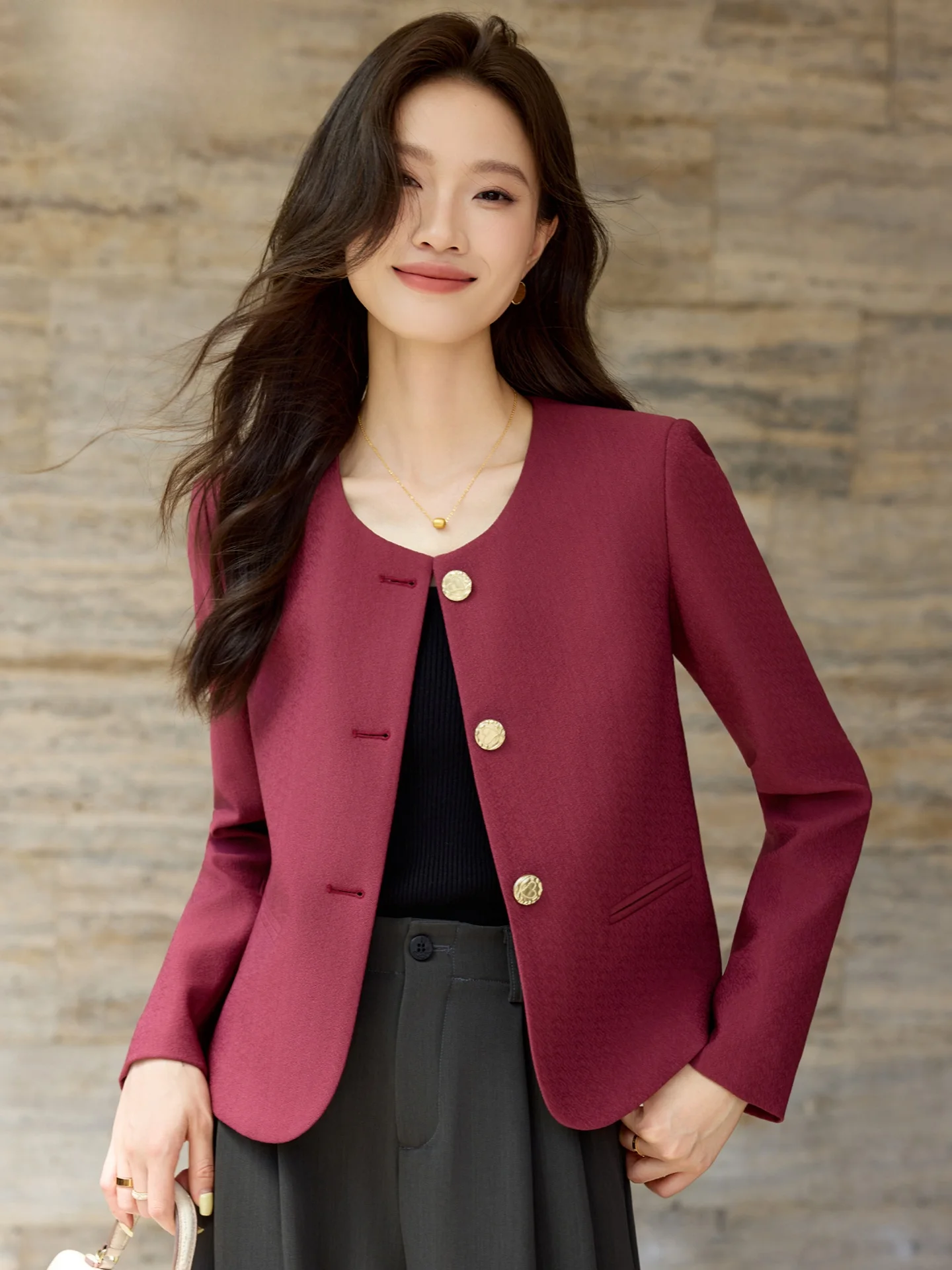 Fashionable Wine Red  Style Jacket Women's Short Coat Autumn Wear Anti-Wrinkle Polyester Blend round Neck Button Closure
