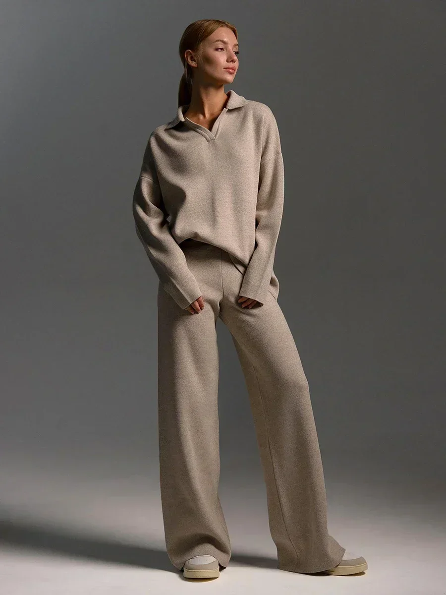 New Fashion Winter Thick Women Knitted Suits Soft 2 Pieces Sets Female Polo Neck Sweater & Wide Leg Pants Knitted Outfit