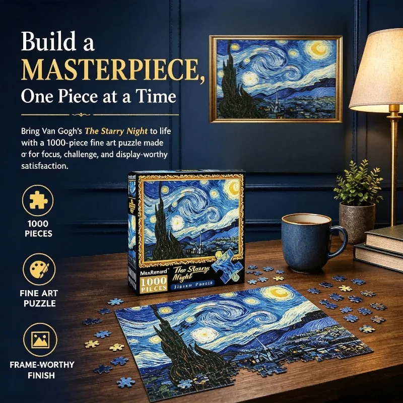 Maxrenard 1000‑Piece Jigsaw Puzzle, Van Gogh The Starry Night Famous Oil Painting Puzzle, 49×68cm Premium Jigsaw Home Decor