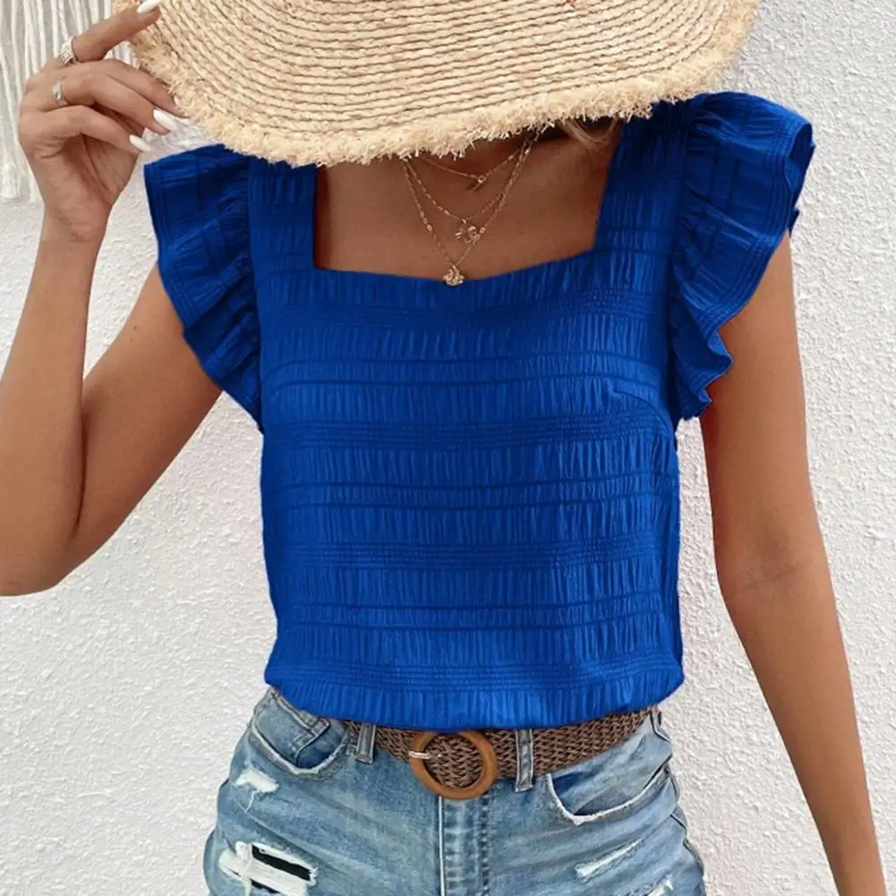 Camisa de manga con volantes para mujer, blusa versátil con cuello cuadrado, holgada, plisada para verano