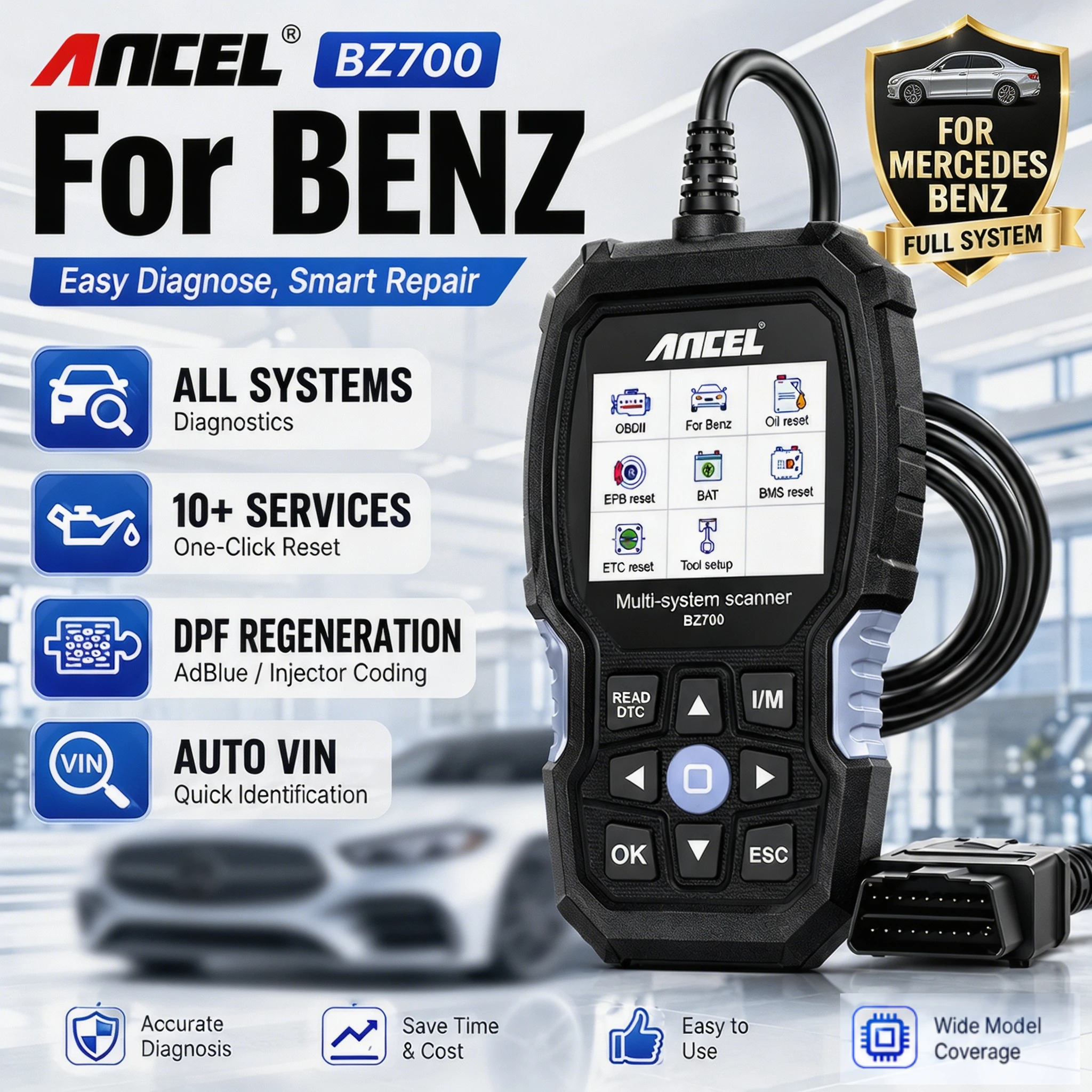 

ANCEL BZ700 For Mercedes-Benz OBD2 Scanner All System Diagnostic Tool ABS SRS SAS TPMS DPF Oil Reset EPB Auto VIN 16PIN