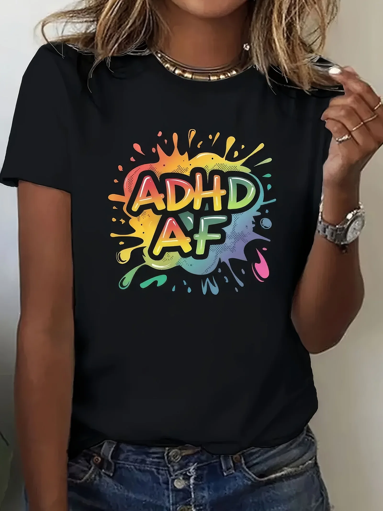 Letter Print ADHD AF Crew Neck T-shirt Casual Short Sleeve Top T-shirts Women's Clothing Black T-shirts Graphic T-Shirt Tees