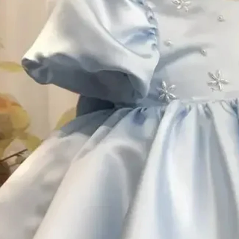 ICJAEHAO 2024 Baby Girls Party Dress Blue Puff Sleeves Plain Ball Gowns Elegant Baptism First Birthday Beading Children Clothes