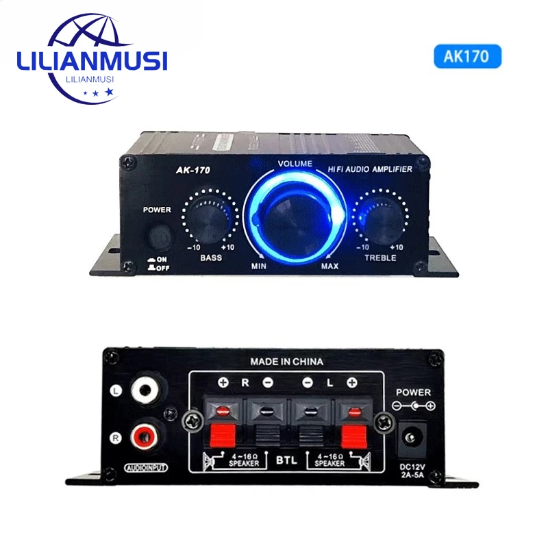 AK170 Hifi Digital Power Audio Car Amplifier Blue Light Stereo Audio Amplifier for Home Theater Club Party Music 200W x2