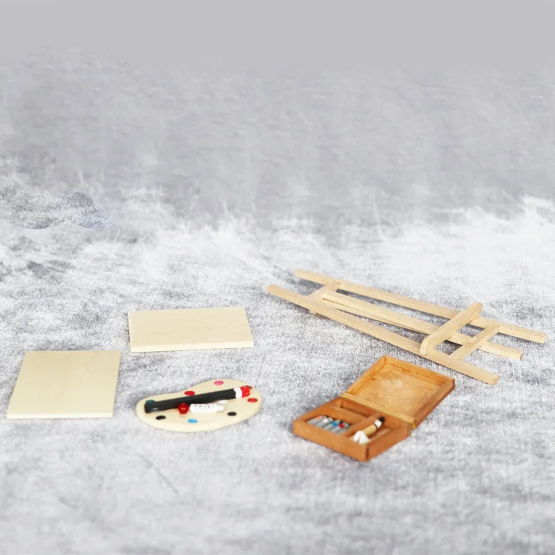 Set da studio d'arte in miniatura per casa delle bambole in scala 1:12 - Cavalletto in legno + bacheca + tavolozza + scatola di colori Oggetti di scena artistici
