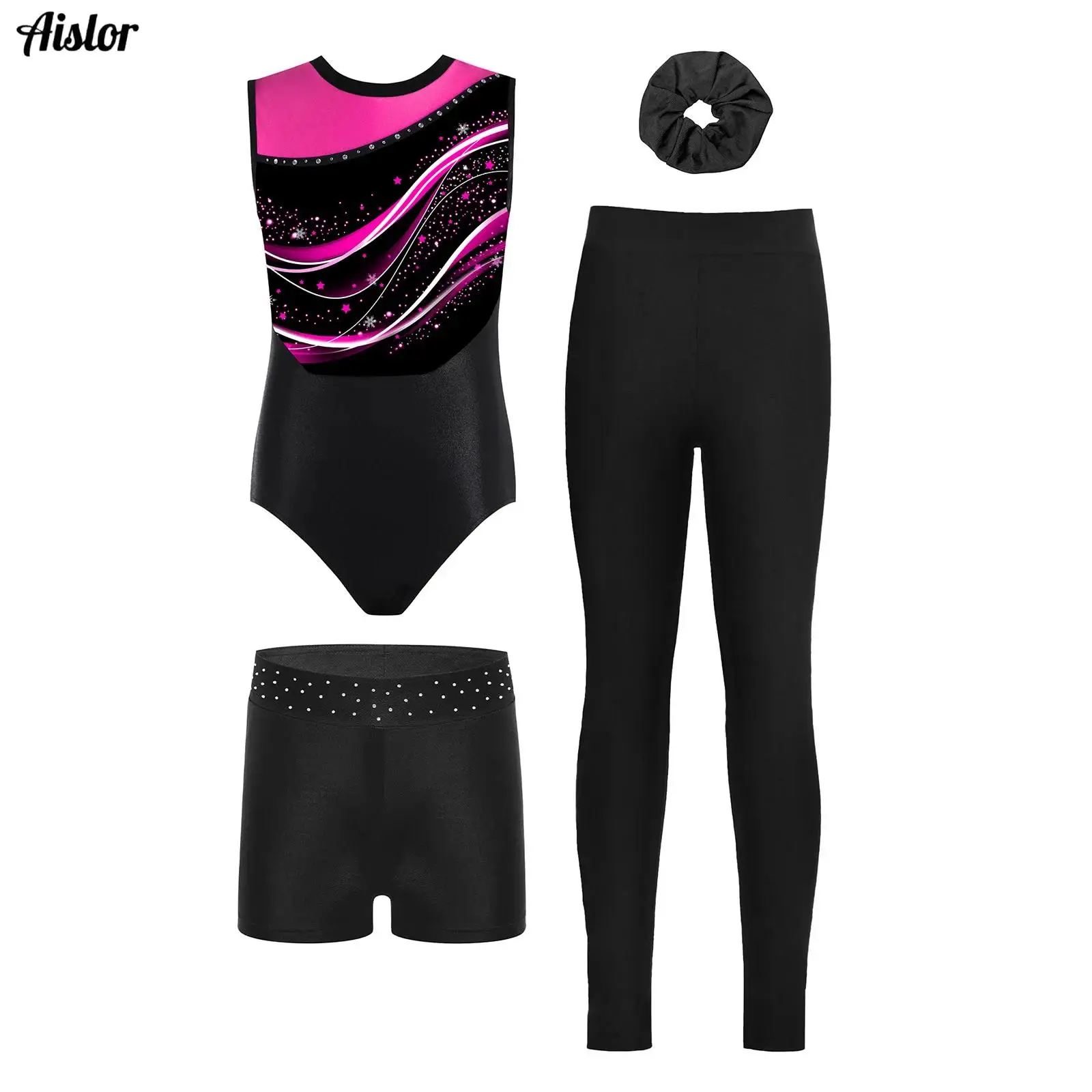 

Kids Girls Acrobatics Gymnastics Leotard Ballet Dance Outfit Sleeveless Print Color Block Leotard+Shorts+Hair Band+Leggings Set