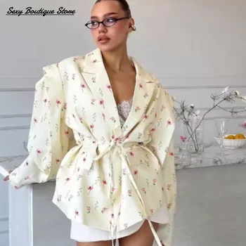 Chic Oversize Floral Printed Women Jacket Padded Lapel Lace Up Loose Coat Long Sleeve…