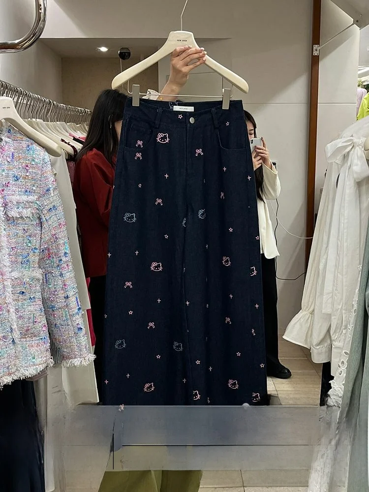 

High Waist Wide Leg Denim Pants Women's Summer New Cartoon Embroidery Knot Design Loose Fit Floor Length Trousers