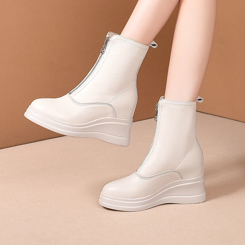 

2025 New Women Genuine Leather Modern Boots Super High Wedges 8cm-up Ankle Shoes Autumn
