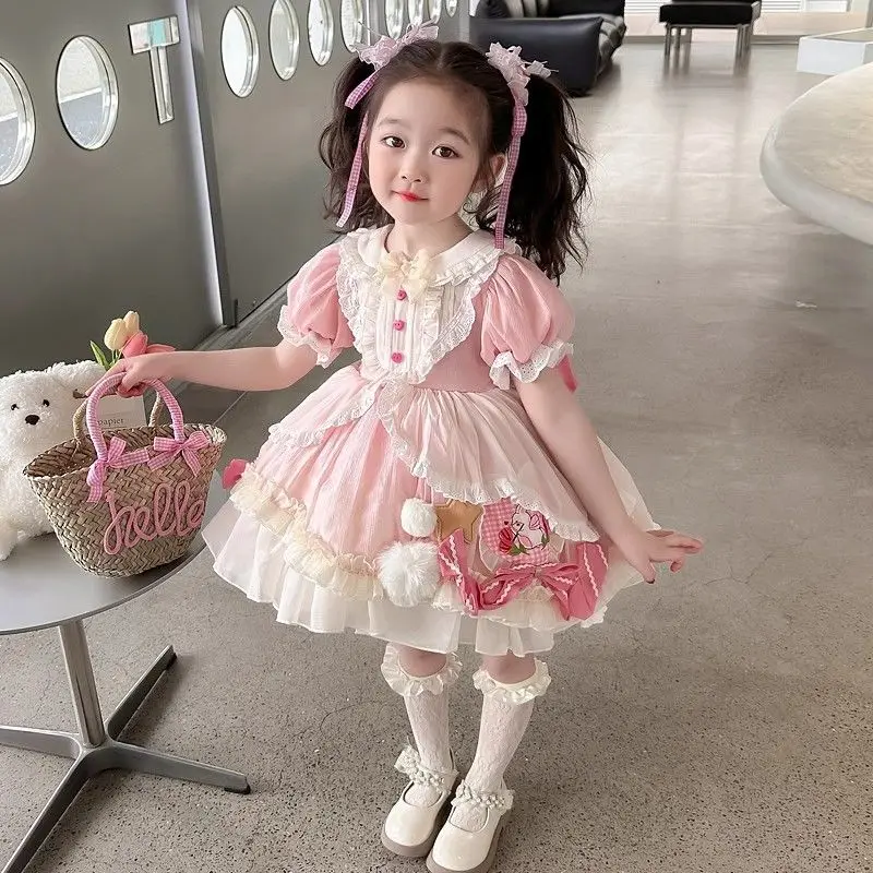 

Baby Girls Summer Pink Sweet Lolita Lace Floral Princess Ball Gown Cake Layed Dress Birthday Holiday Party Children Eid Clothes