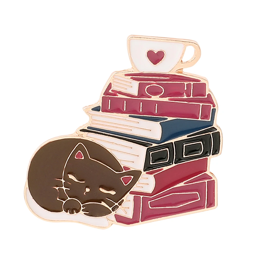 Cat Book Stack and Teacup Hard Enamel Pin Cute Cartoon Animal Kitty Medal Brooch Fashion Lapel Backpack Pins Jewelry Gift