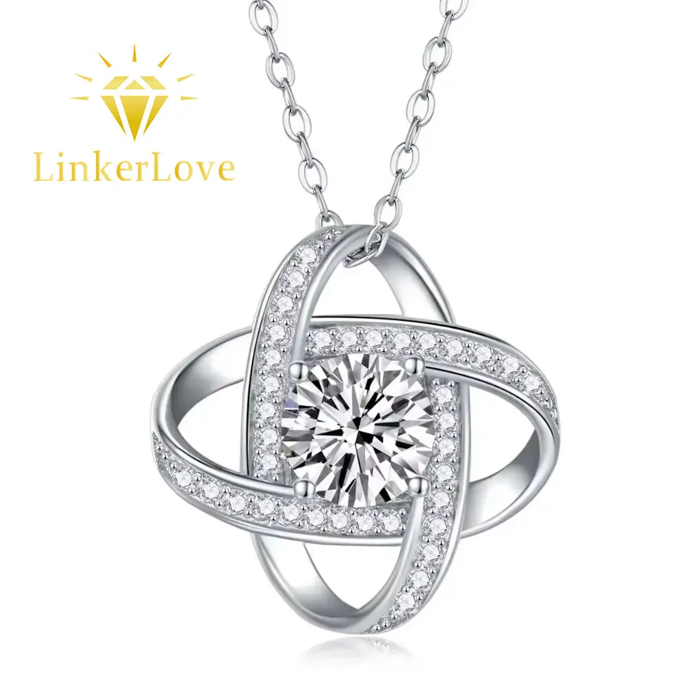Collier pendentif trèfle à quatre feuilles en moissanite LinkerLove pour femme, en argent S925, avec double boucle entrelacée infini, bijoux