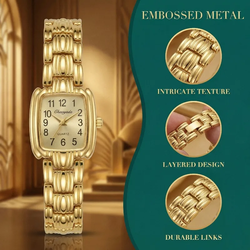 Classic Vintage Square Ladies Watch Gold Metal Bracelet Wristwatch Elegant Minimalist Dress Women Watch Jewelry Gift for Woman