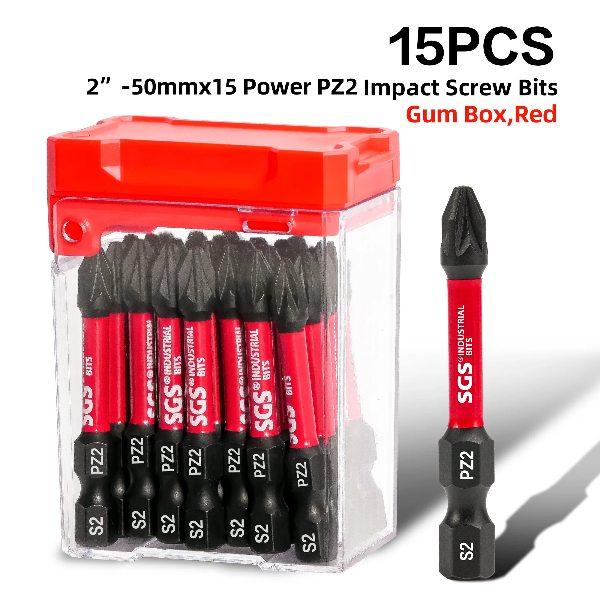 Conjunto de 10/15/20 Peças de Pontas de Chave de Fenda de Impacto Pz2, Material em Aço S2, Conjunto de Pontas de Chave de Fenda Elétrica Pz2 de 2 polegadas (50mm), Caixa de Armazenamento Durável Vermelha, Adequado para Furadeiras Elétricas / Chaves de Impacto