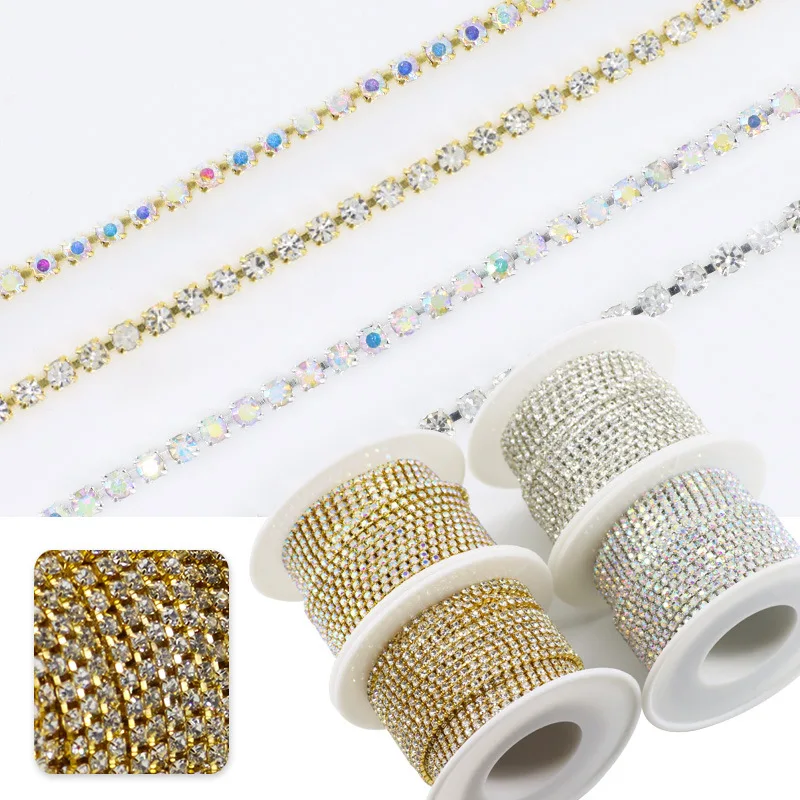 

SS4.5-SS38(1.5mm-8mm) Clear Crystal AB Dense Rhinestone Cup Chain Sliver/Gold Claw Strass Rhinestone Chain Trim