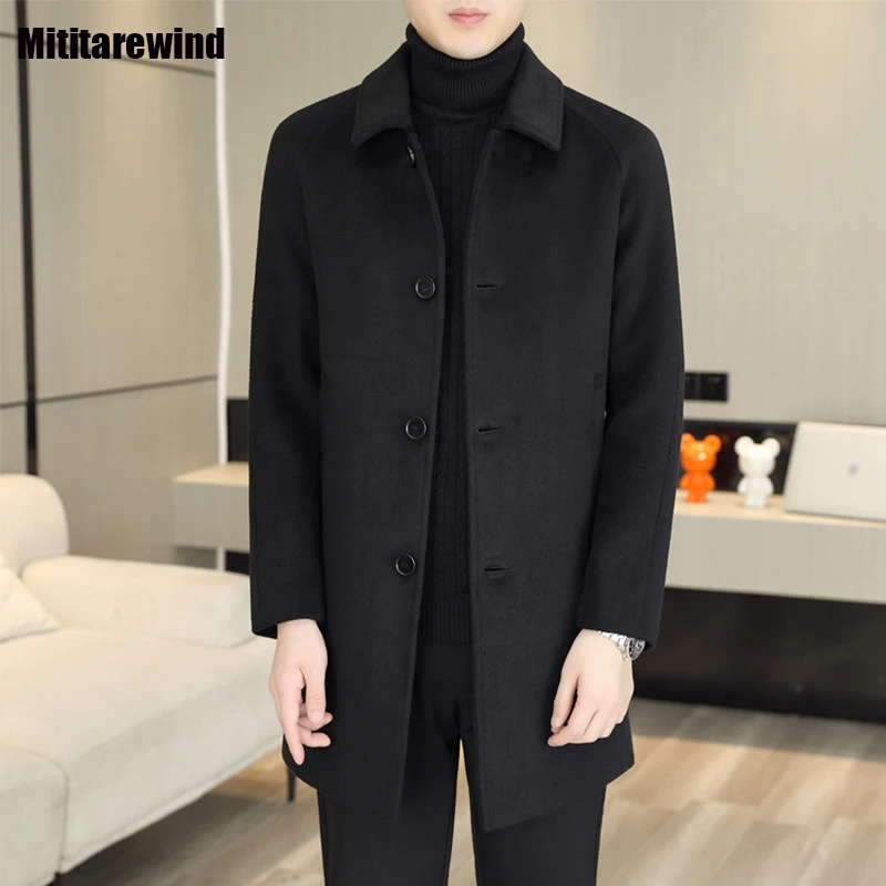 

Classic Fall Winter Mens Woolen Coat Brand Jacket Commute Casual Mid Long Coat 50% Wool Blends Coats Male Thick Warm Windbreaker