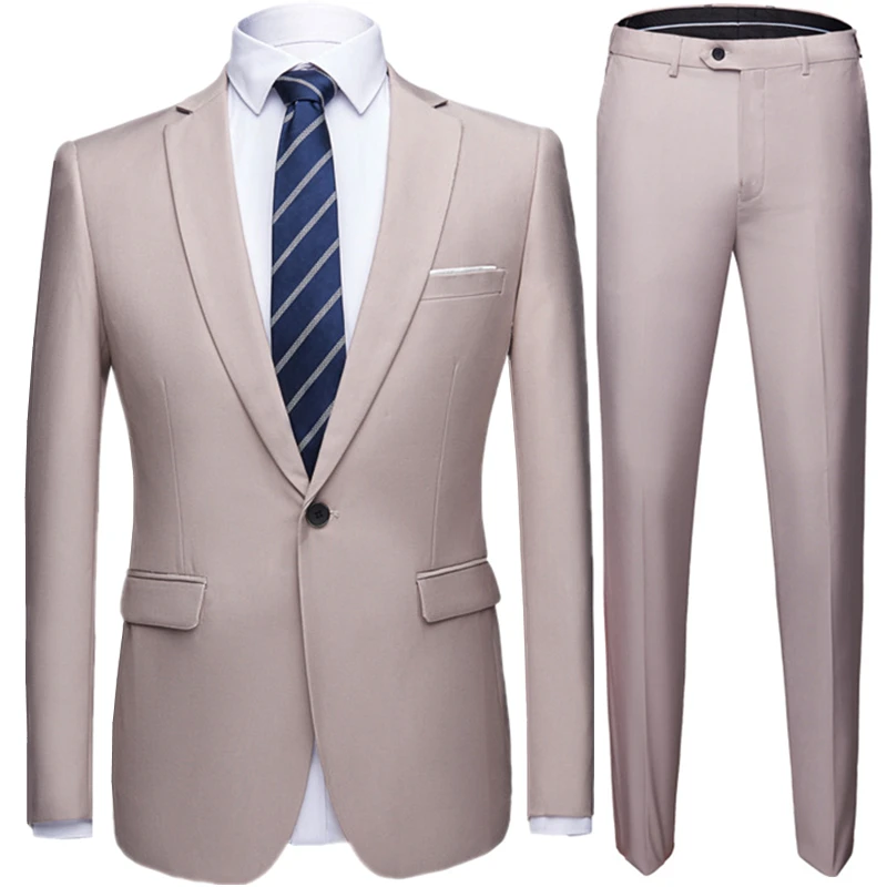 2023 New Men\'s Boutique Single Button Black Collar Suit Pants 2 Pcs Set / Male Slim Professional Blazers Jacket Coat Trousers