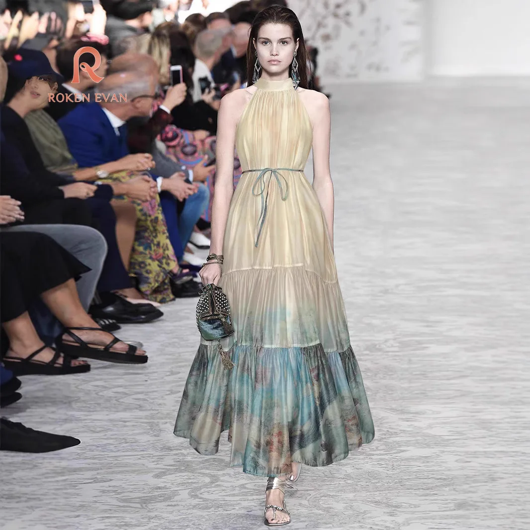ROKEN EVAN 2025 Vestido Maxi de Verano con Estampado Floral, Estilo Artístico de Lujo Ligero, Sin Mangas, Estampado al Estilo Chino, para Vacaciones, con Gran Vuelo