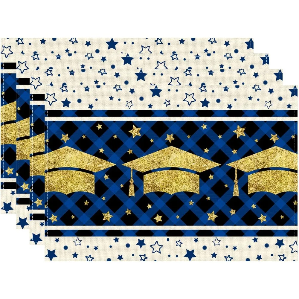 

Поздравляем Grad клетчатая выпускная кепка со звездами, набор салфеток из 4 ковриков для стола, украшения для стола 12x18 дюймов