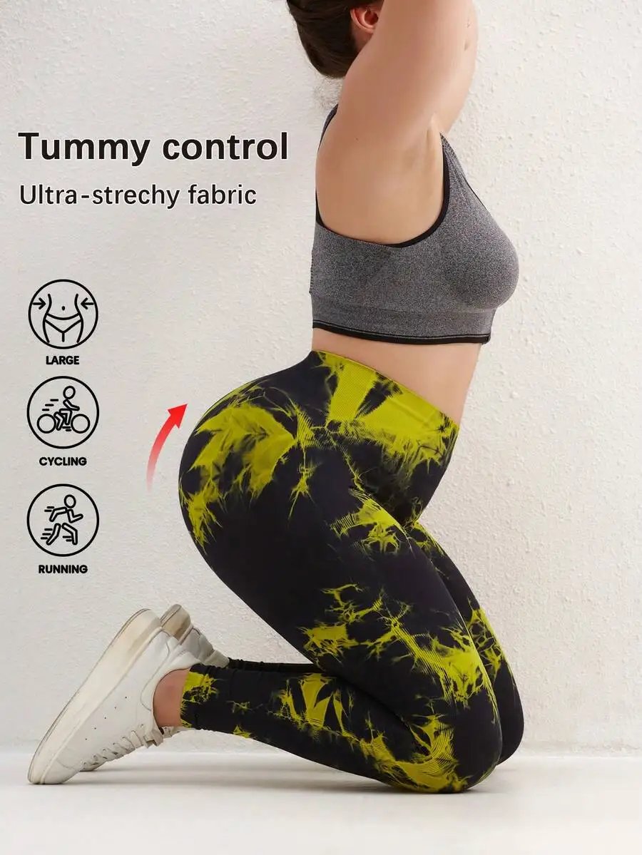 Plus Size Sport Studio Tie-Dye Wide Waist Yoga Leggings Black Spring Sports