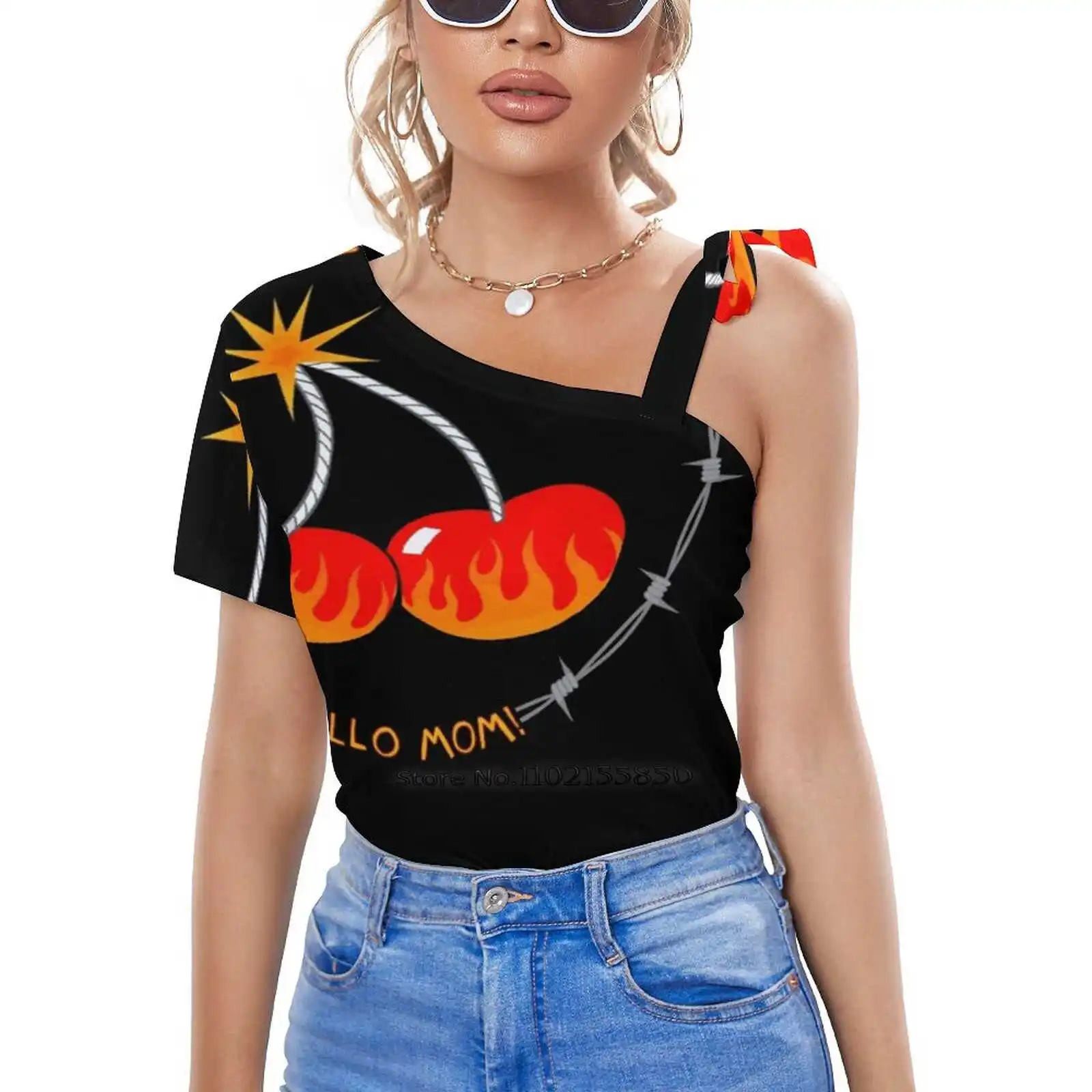 Cherry Bomb Women V Neck T-Shirt Casual Sexy T Shirts Hollow Out Zipper Pullover Top Cherry Cherry Bomb Bomb The Runaways