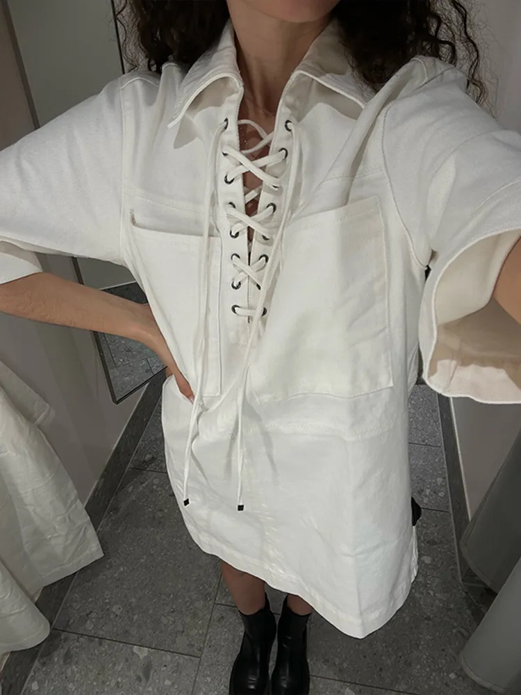 

Elegant Women's White Summer Dresses With Lace-Up Design Comfortable Imitation Denim Clothing Female Casual Daily Beach Dress