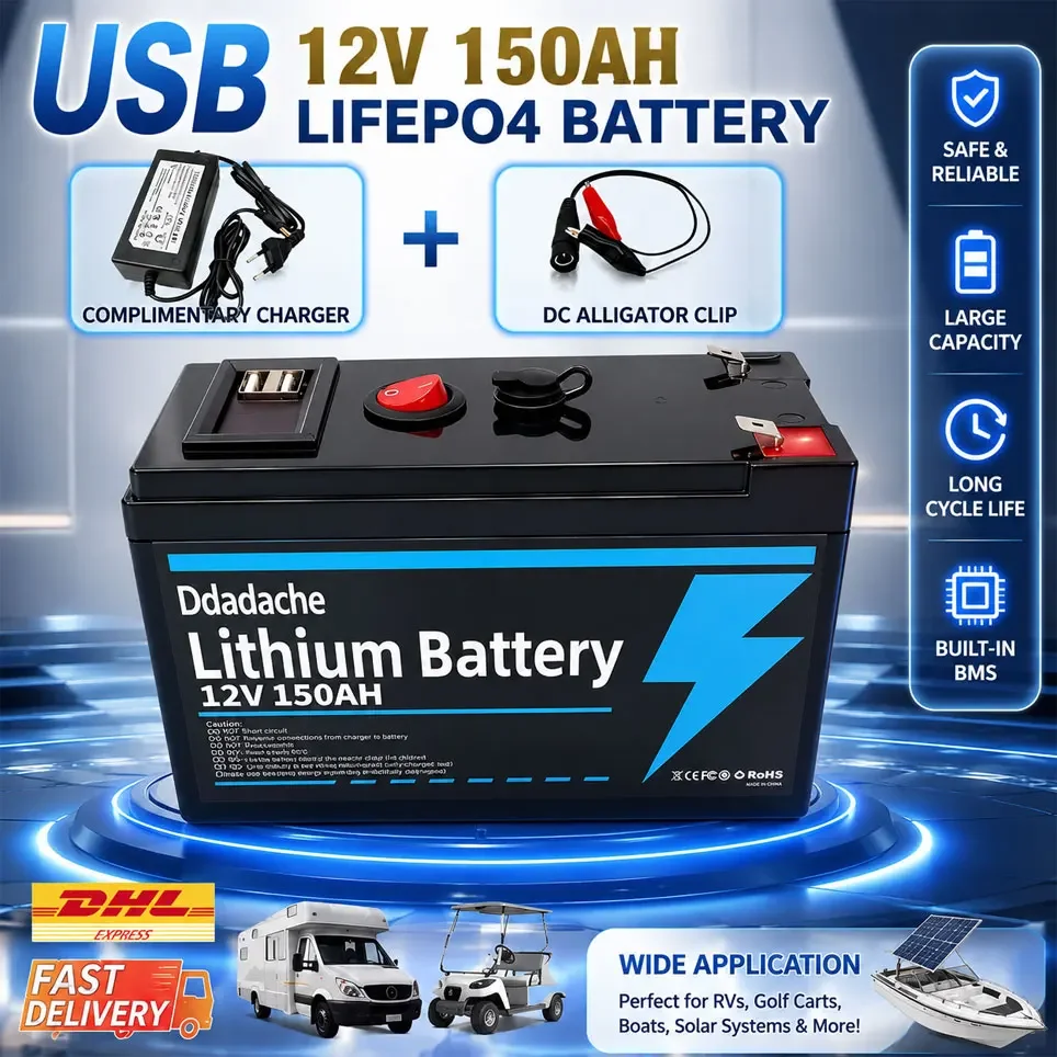 12V 150Ah LiFePO4 Lithium-Batterie mit integriertem BMS, 4000+ Tiefentladungen, Polen-Lager, für Solarpanel, USV, Kajak, Fischfinder, Radio