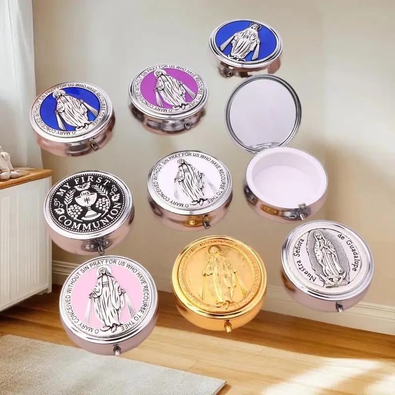 Classical Metal Holy Sacrament St. Benedict Rosary Storage, Religious Jewelry Round Gift Box