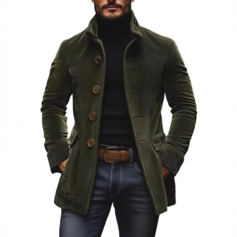 Brown Corduroy Jacket Slim Fit Blazer Stand Collar Suit Jacket Button Front Casual Coat with Patch Pocket Long Sleeve Solid