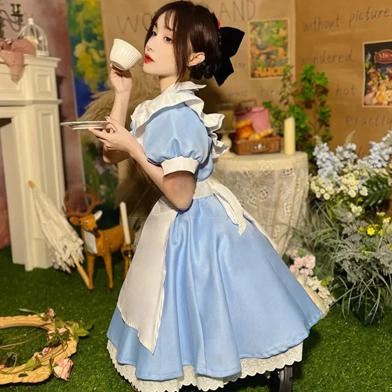 Robe Lolita OP à Manches Courtes pour Femme, Tenue de Soirée Bleue, Vêtement de Sauna, Tablier, Costume de Cosplay d'Halloween