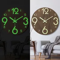 With Night Light 12 Inch Luminous Wall Clock Wood Silent light in dark night Nordic Fashion Wall Clock Non Ticking Clock