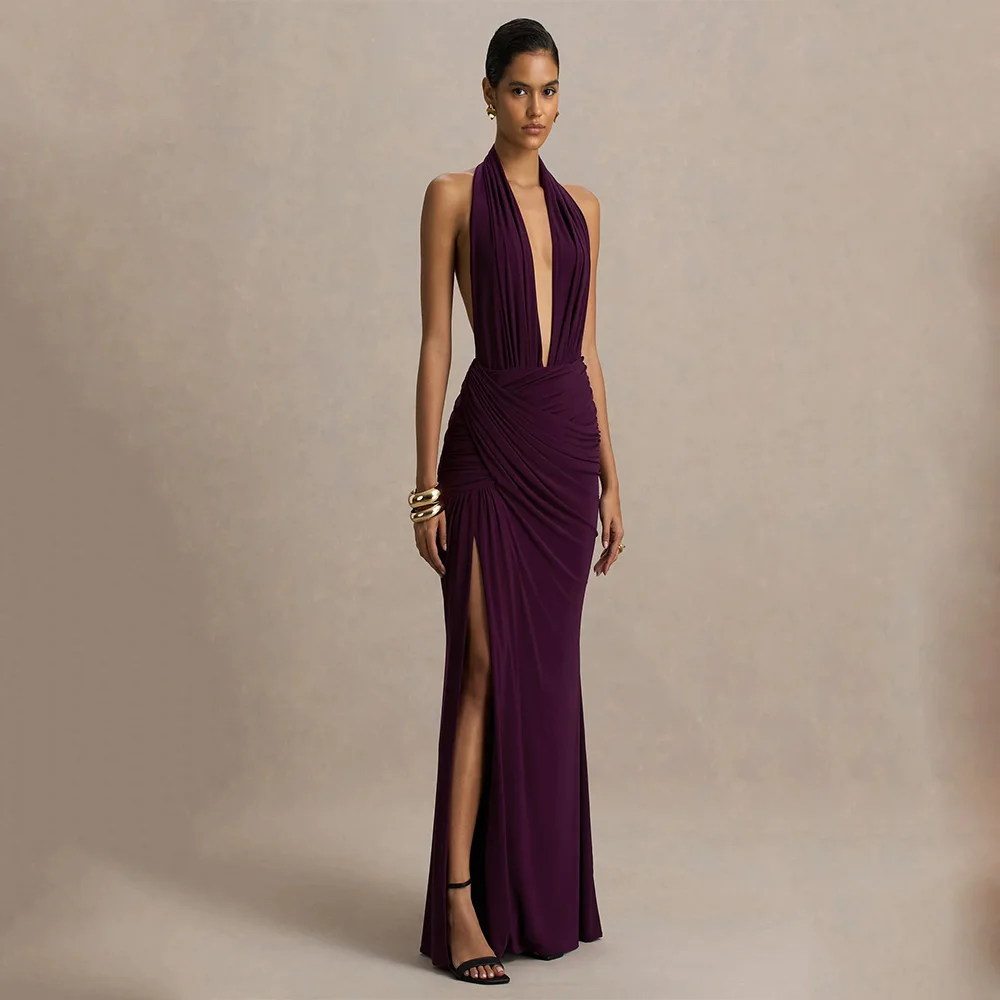 

Customized Sexy Simple Evening Dresses Jersey for Floor-Length Halter Backless Prom Dress High Slit Straight Robes De Soirée