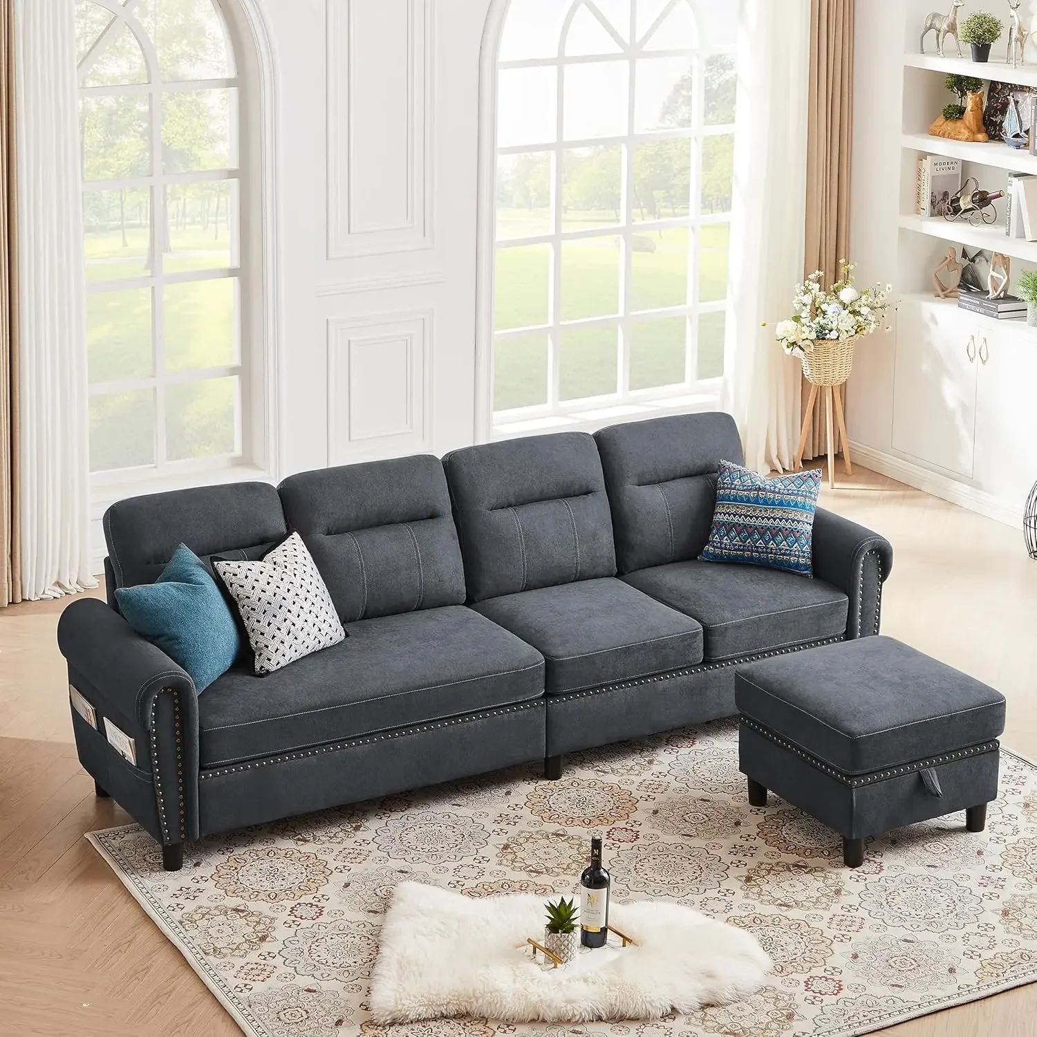 Sofa bagian Convertible 107 inci dengan Ottoman penyimpanan, Sofa Sofa bentuk L 4 tempat duduk untuk ruang tamu