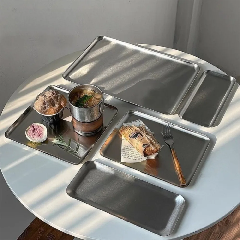 Nordic Stainless Steel Rectangular Plate Kitchen Storage Ins Korean Cake Dessert Plate Storage Trays Cafe
