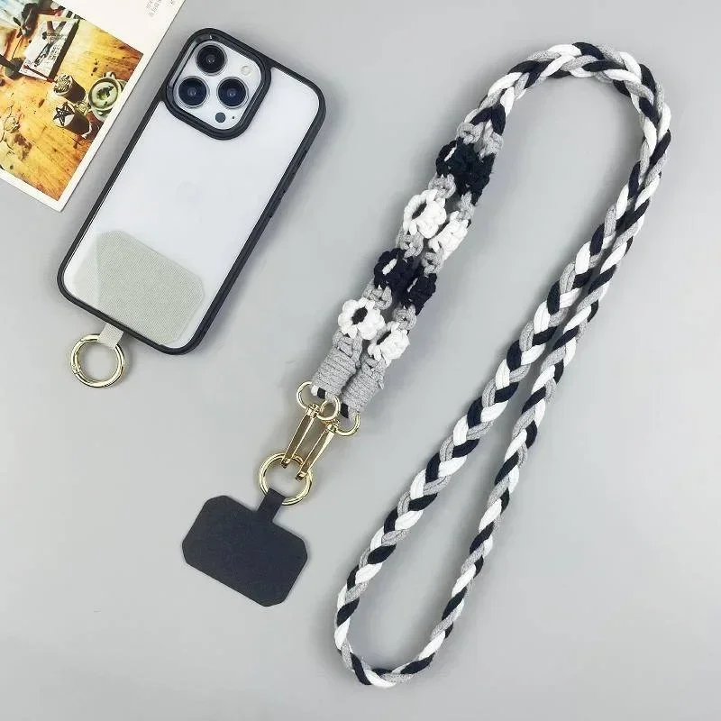 125CM Weave Flowers Phone Lanyard Charm Pendant with Patch CellPhone Hanging Rope Jewelry Girl Birthday Universal Neckband Strap